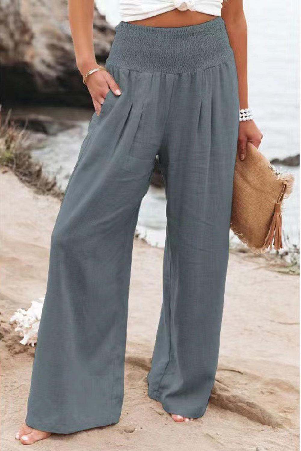 Gray Smocked Wide Waistband High Waist Wide Leg Pants