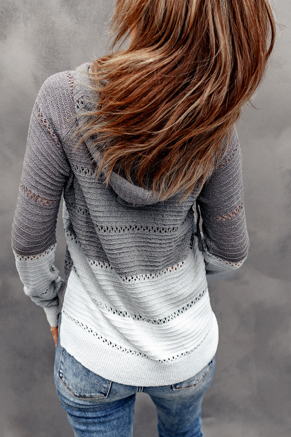 Grey Colorblock Casual Cutout Knit Hoodie Sweater