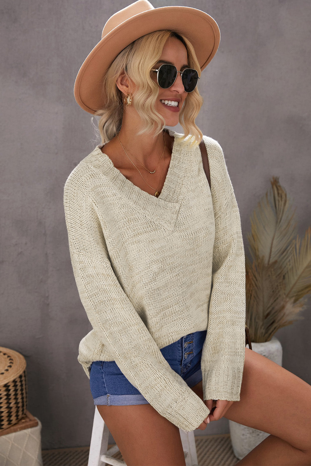 White V Neck Drop Shoulder Knitted Sweater