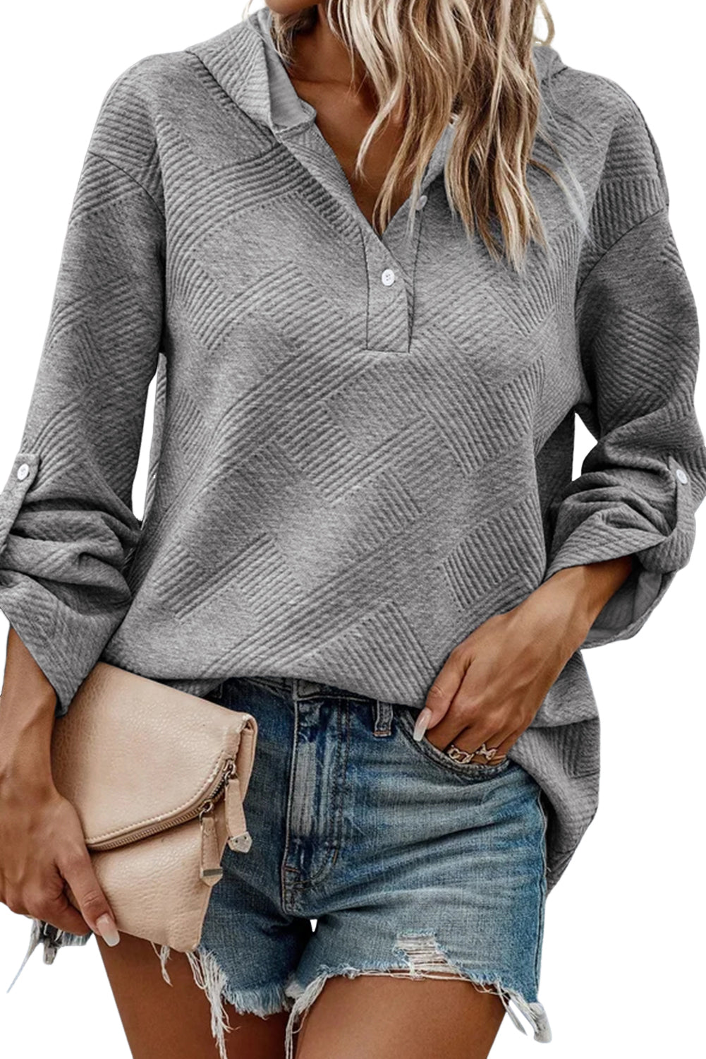 Grey Textured Rolled Up Sleeve Henley Hoodie