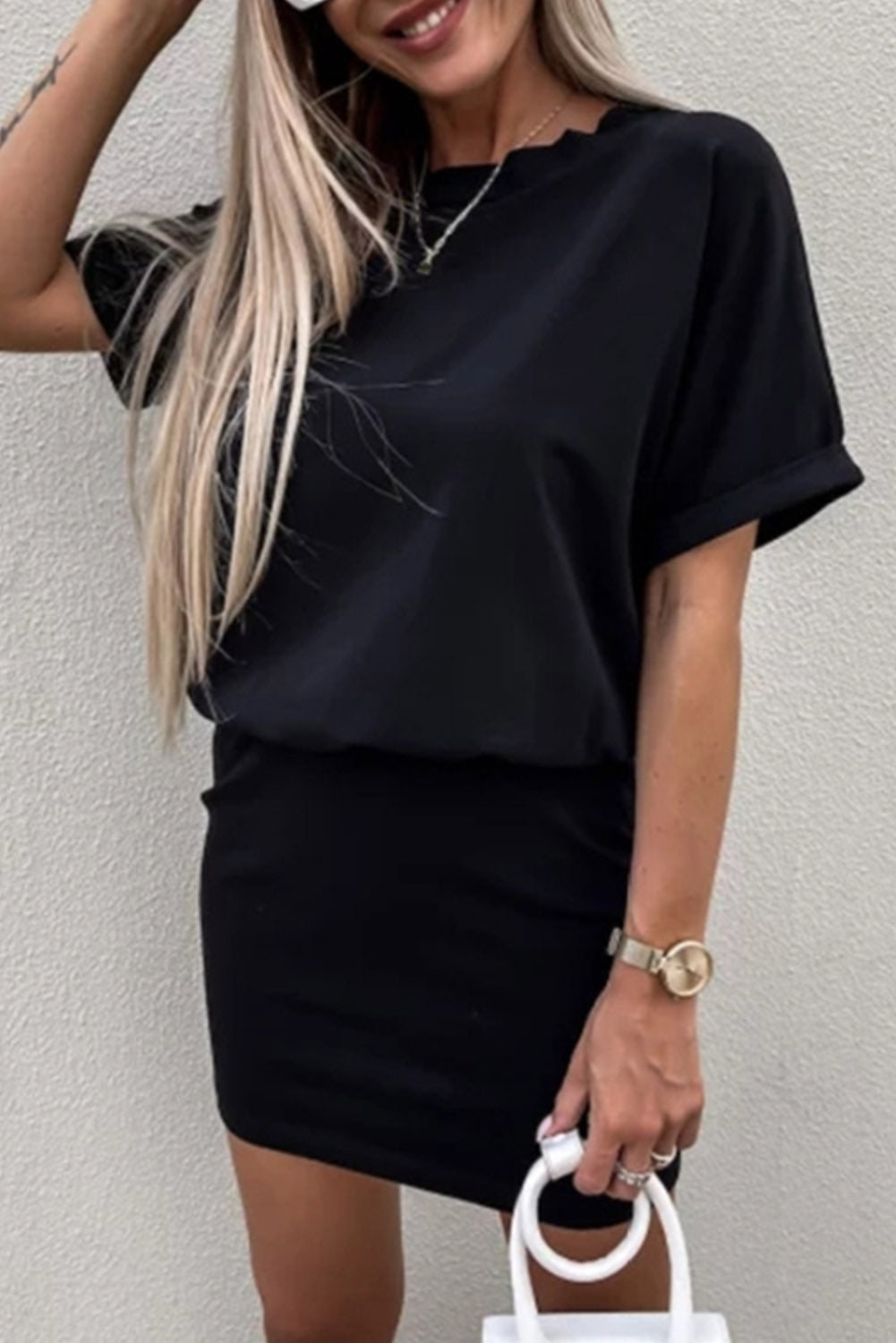 Black Basic Waist-cinching Short T Shirt Dress