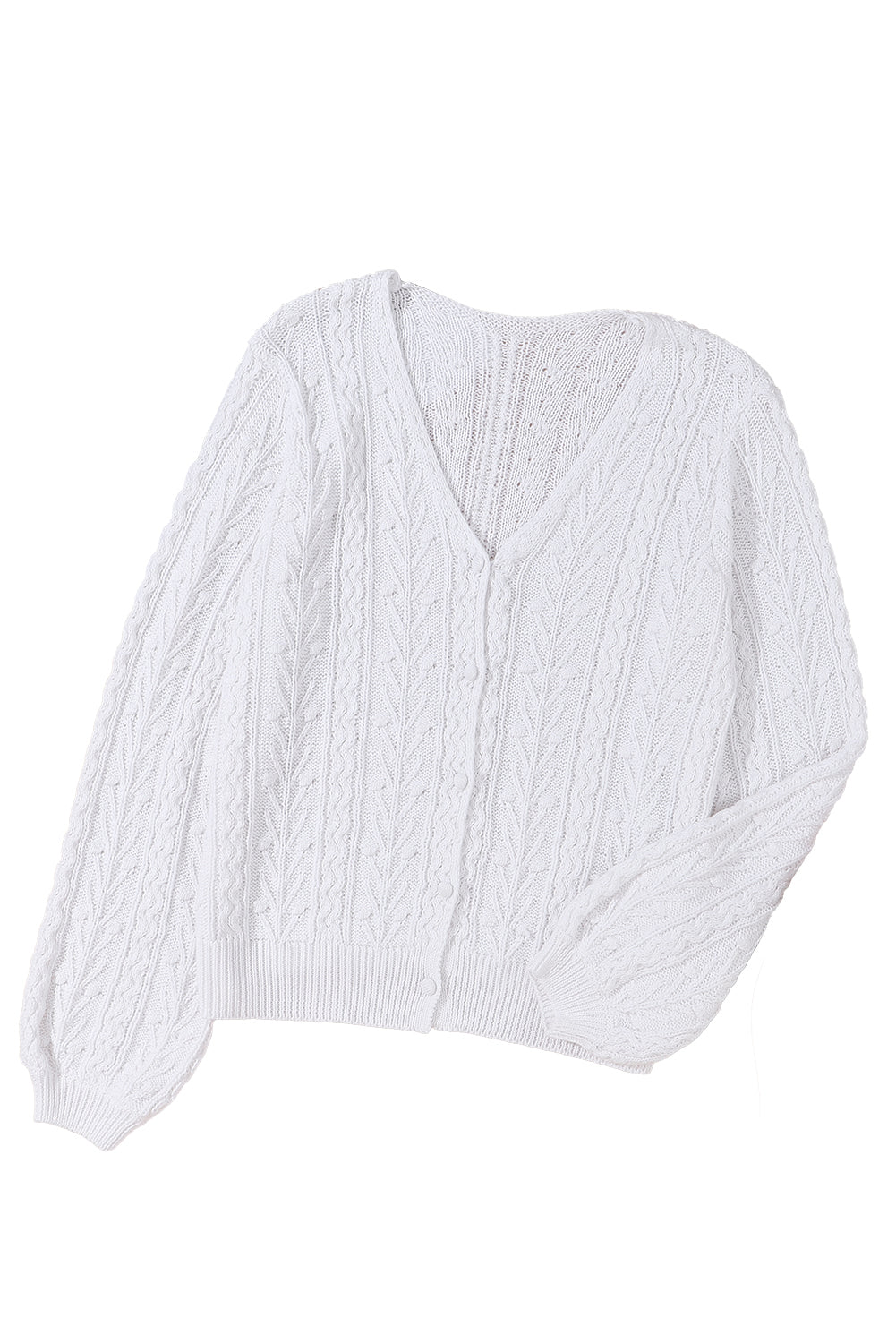 White Solid Cable Knit V Neck Puff Sleeve Cardigan