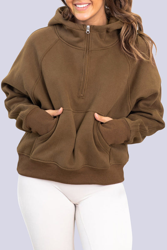 Coffee Kangaroo Pocket Half Zipper Loose Fit Hoodie