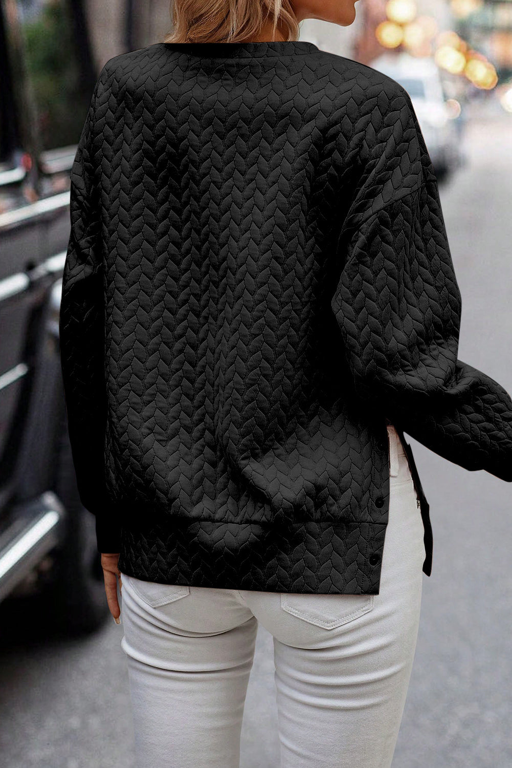 Black Quilted Snap Button Detail Drop Shoulder Sweatshirt