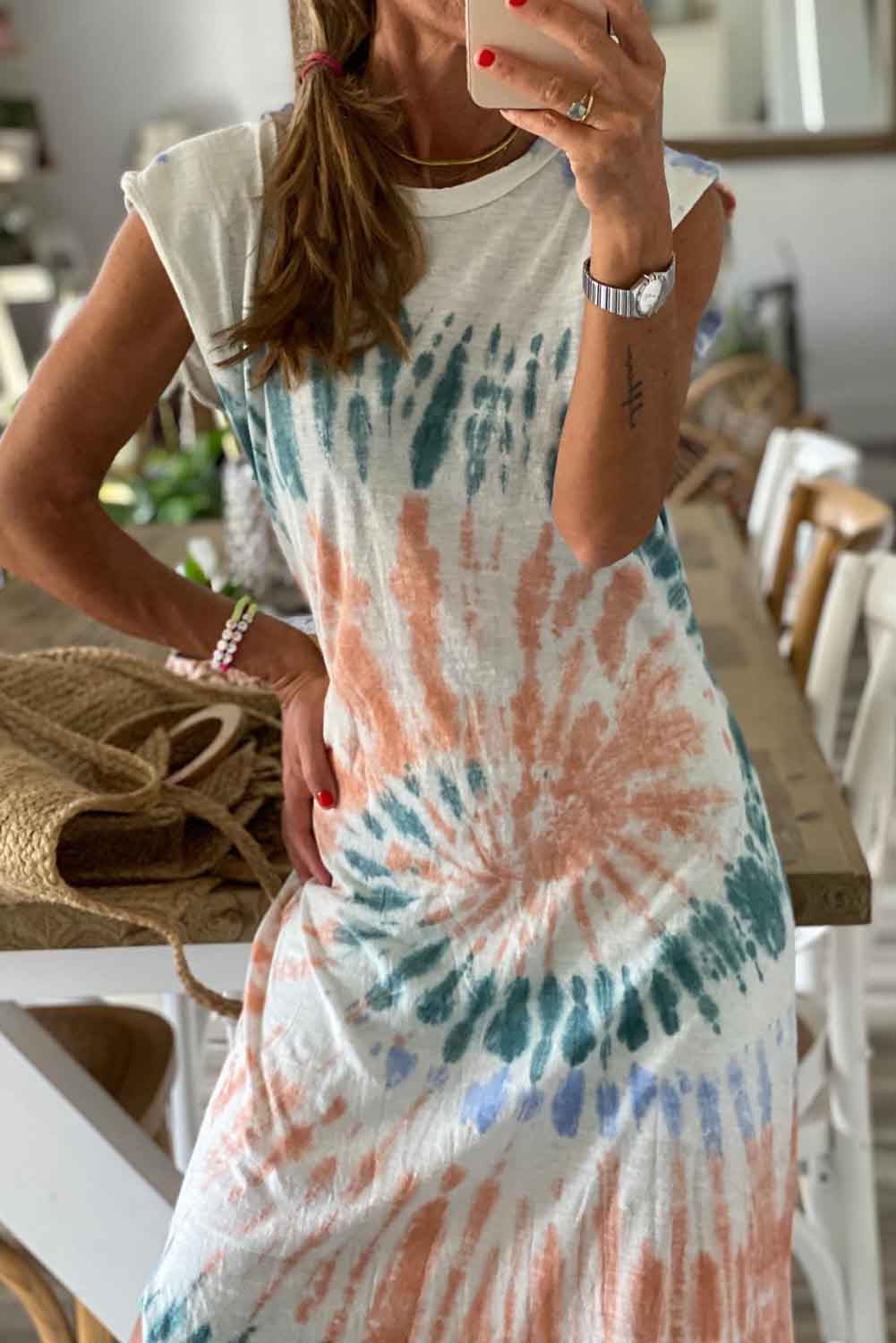 White Tie Dye Sleeveless Long Slit Dress