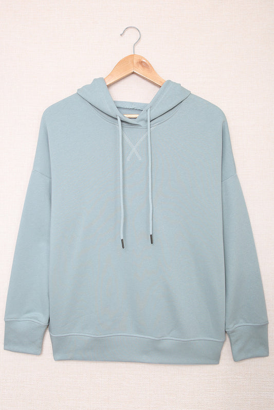 Light Blue Drop Shoulder Side Slit Hem Casual Drawstring Hoodie