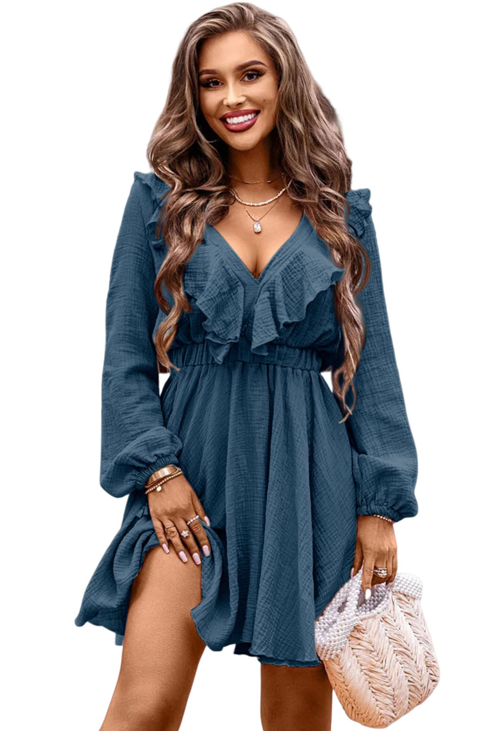 Blue Textured Ruffled V Neck High Waist Mini Dress