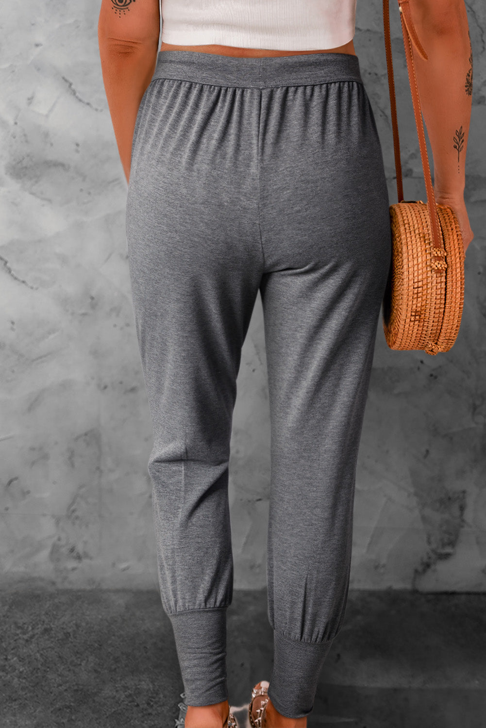 Gray Buttoned Drawstring High Waist Jogger Pants