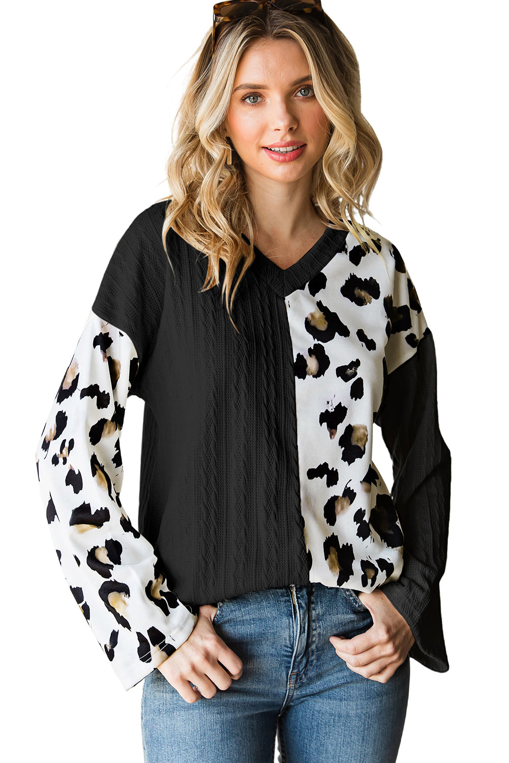 Black V Neck Leopard Colorblock Patchwork Long Sleeve Top