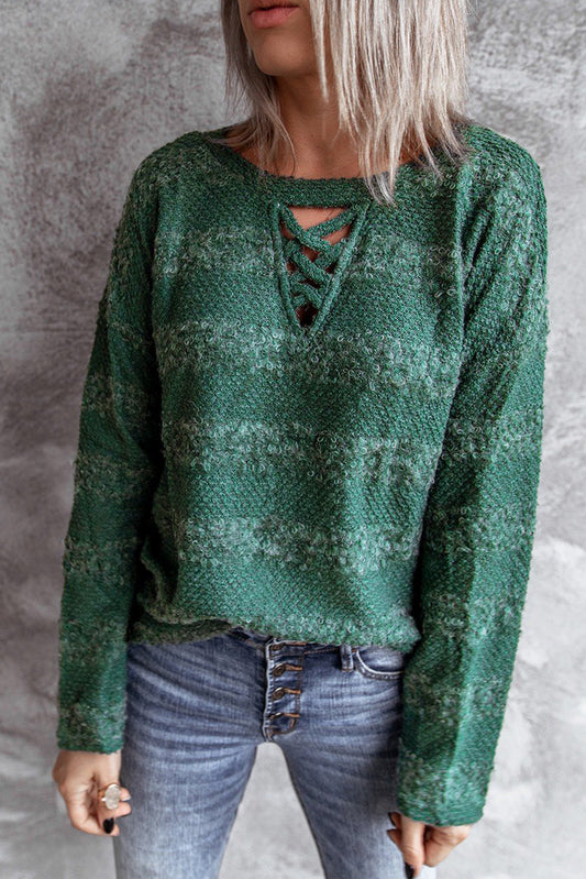 Green Crisscross Keyhole Long Sleeve Pullover Sweater