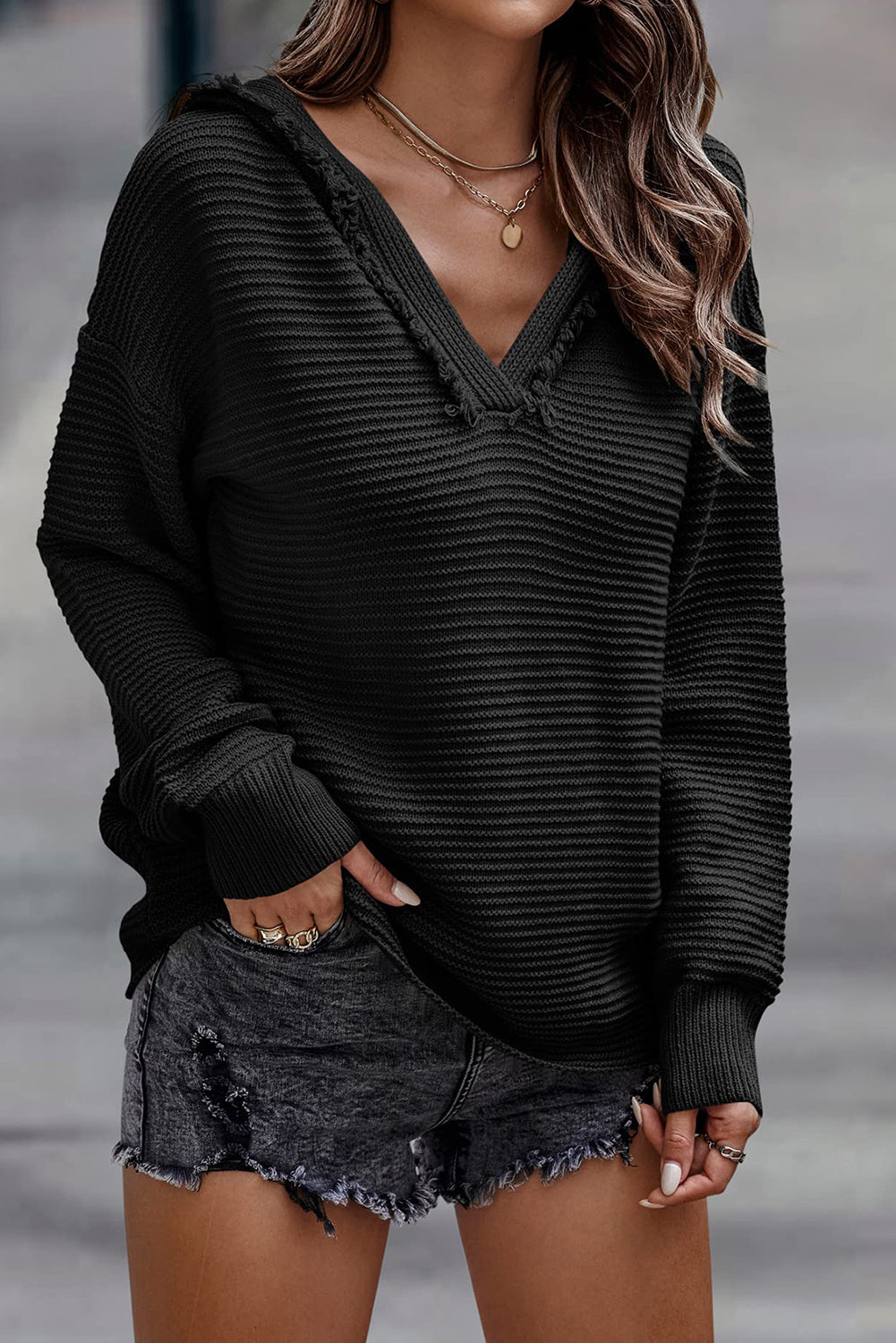 Black Split V Neck Pullover Knit Sweater Hoodie