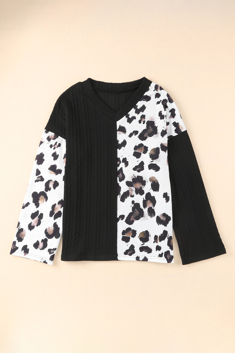 Black V Neck Leopard Colorblock Patchwork Long Sleeve Top