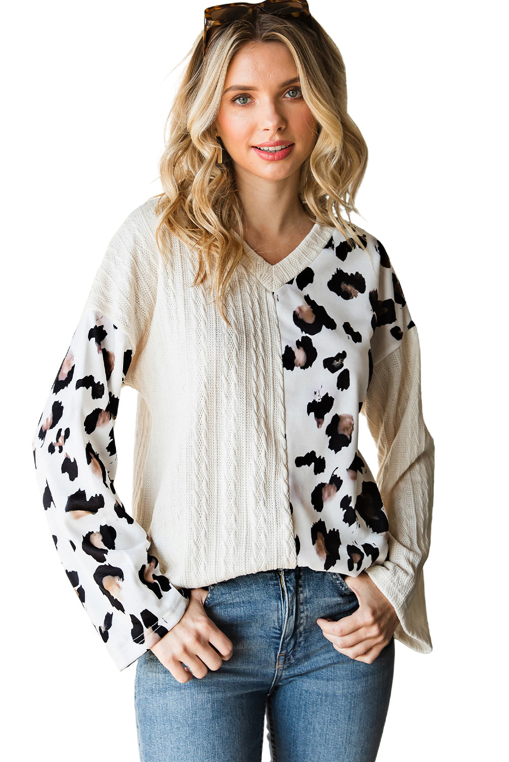 Black V Neck Leopard Colorblock Patchwork Long Sleeve Top