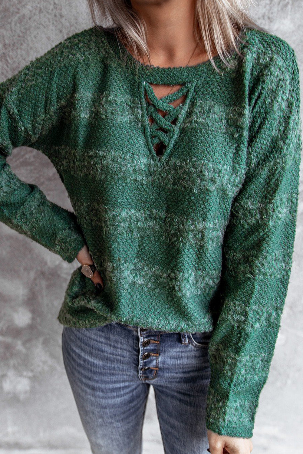 Green Crisscross Keyhole Long Sleeve Pullover Sweater