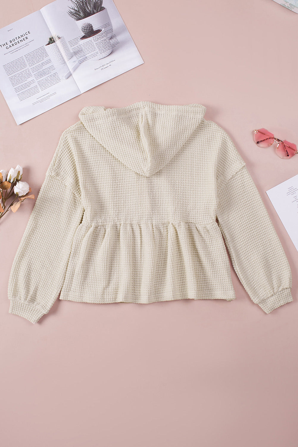 Apricot Waffle Casual Button Ruffle Knit Hoodie