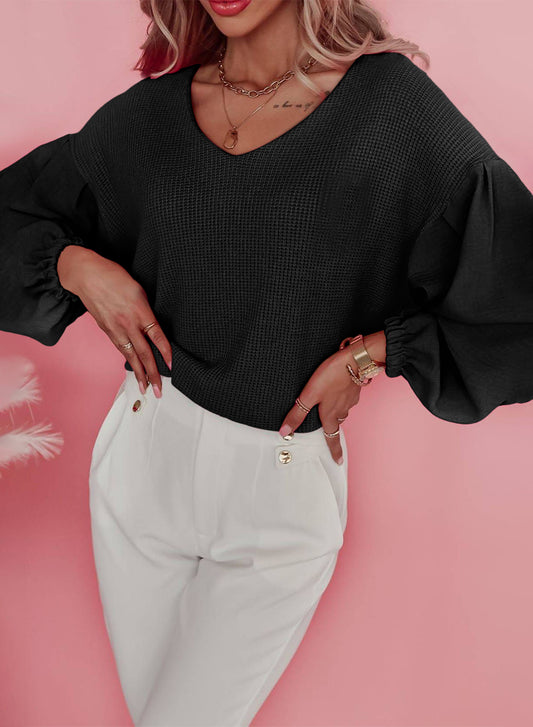 Black Long Balloon Sleeve Splicing V Neck Textured Top