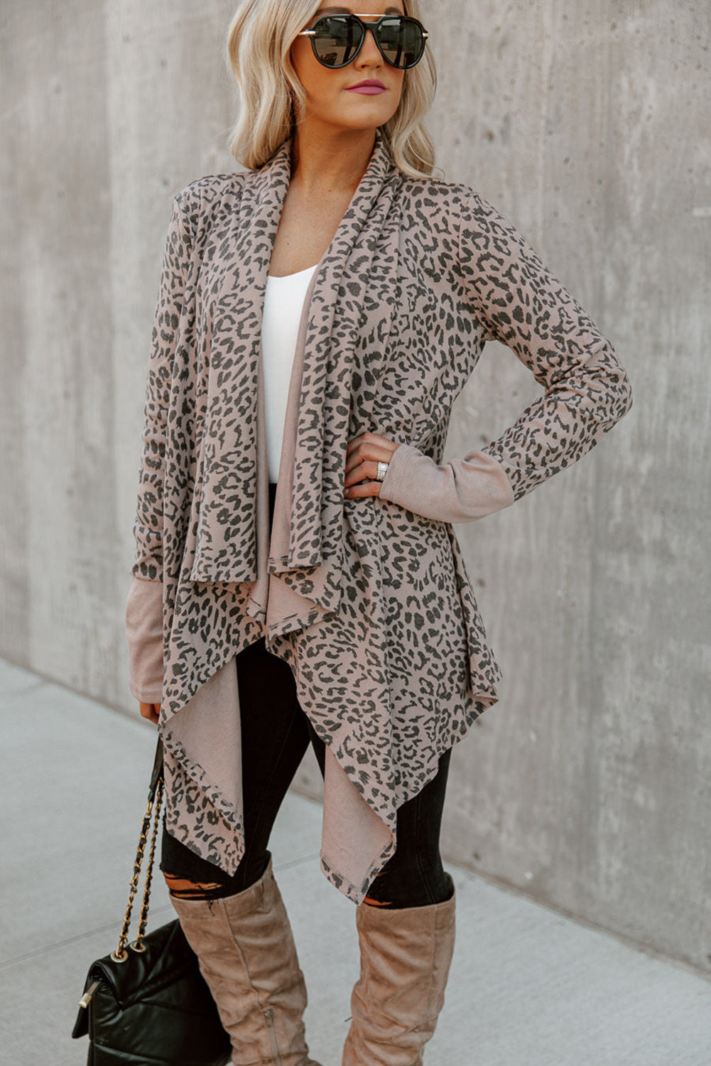 Cheetah Print Cowl Neck Open Front Long Cardigan