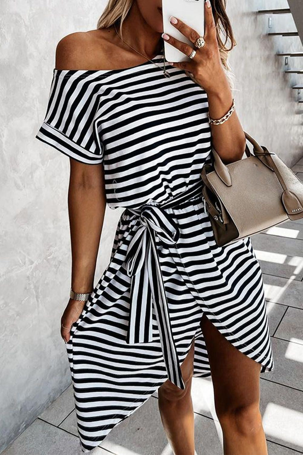 Khaki Stripe Belted Wrapped Hemline T-Shirt Dress