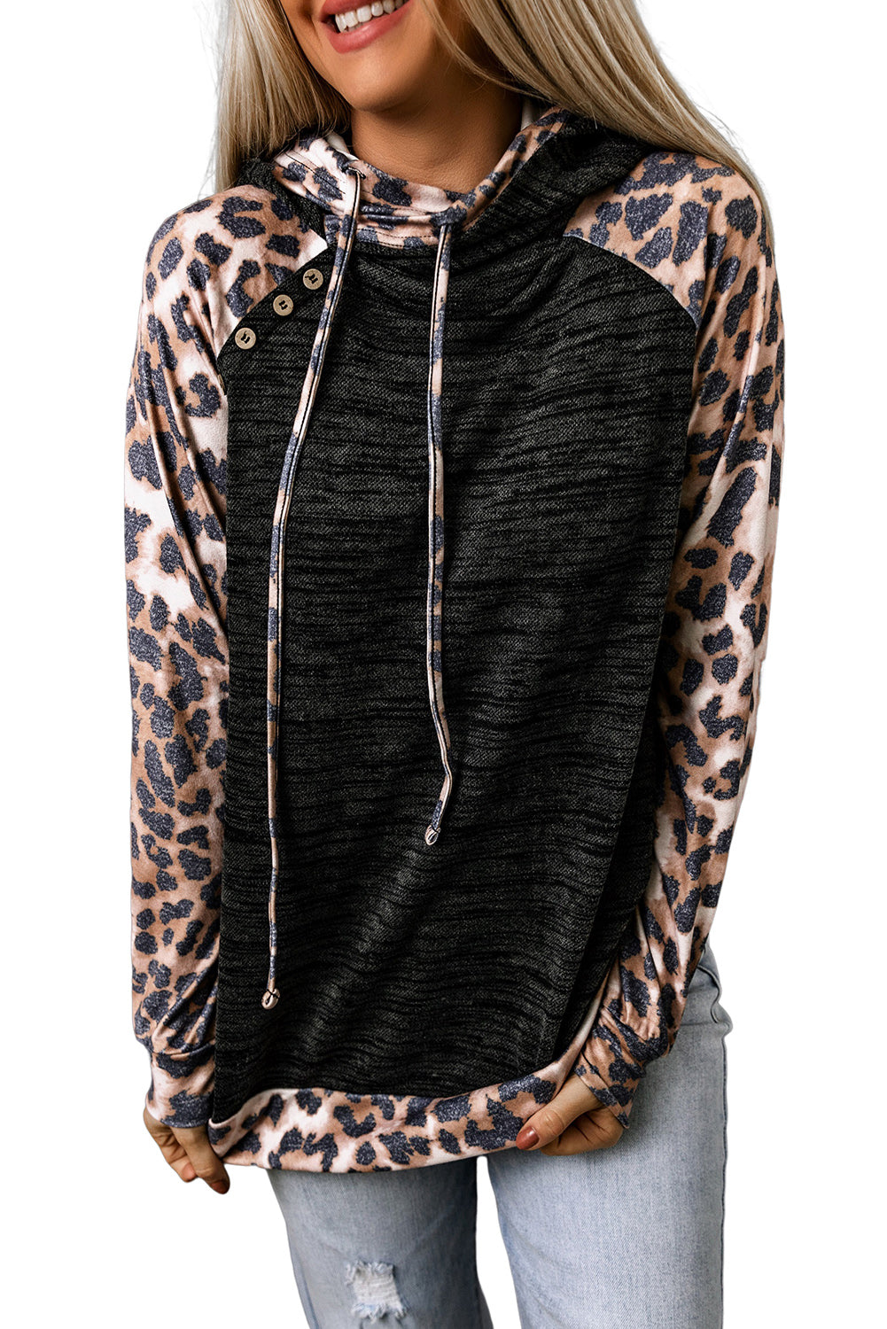 Grey Brushed Casual Leopard Patchwork Drawstring Hoodie