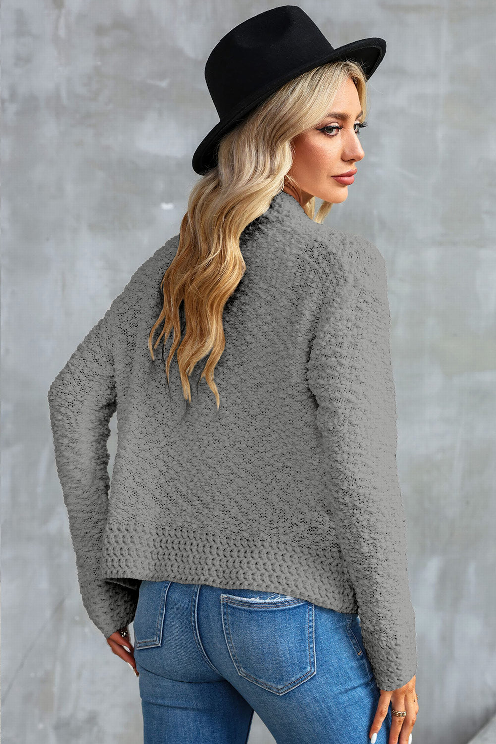 Gray Popcorn Knit Open Front Cardigan