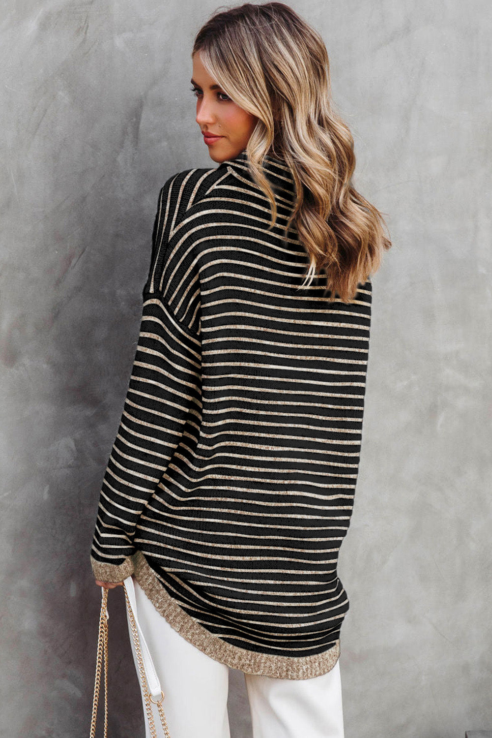 Khaki Striped Turtleneck Oversized Sweater