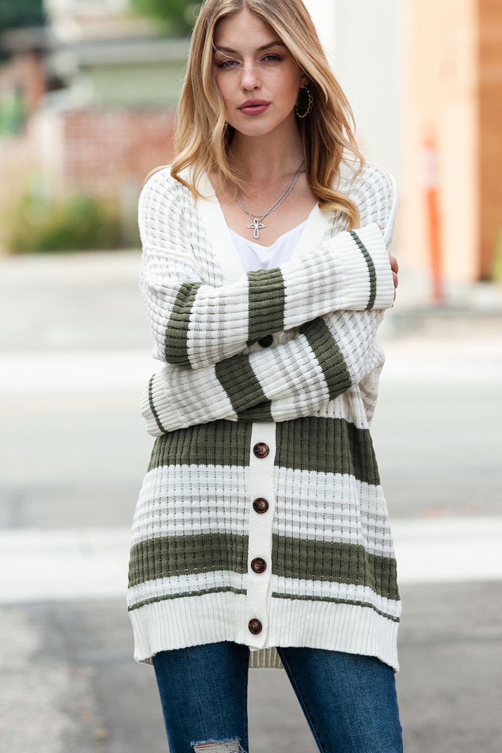 Black Striped Textured Knit Buttoned Cardigan