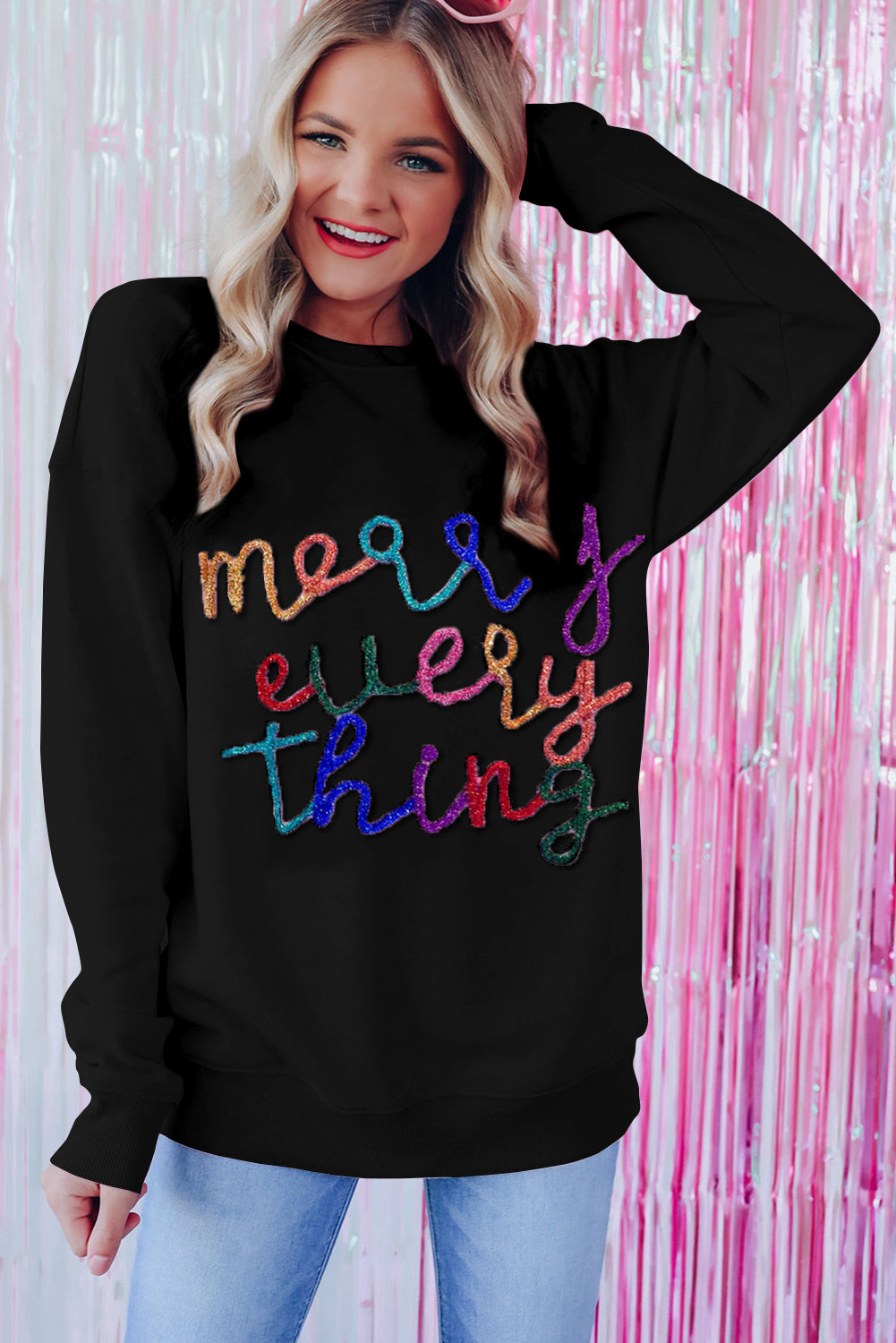 Black Every Thing Glitter Letter Christmas Sweatshirt