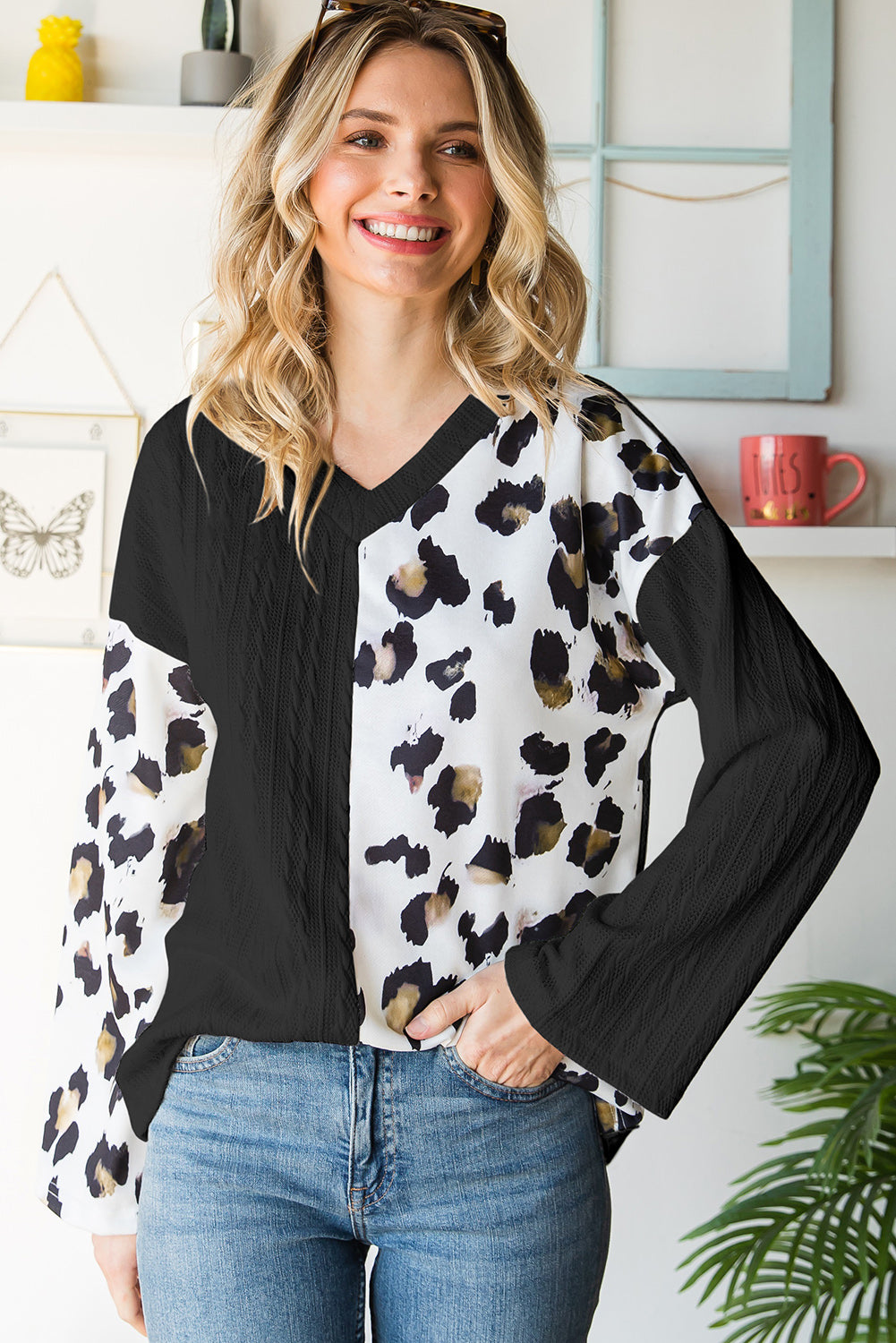 Black V Neck Leopard Colorblock Patchwork Long Sleeve Top