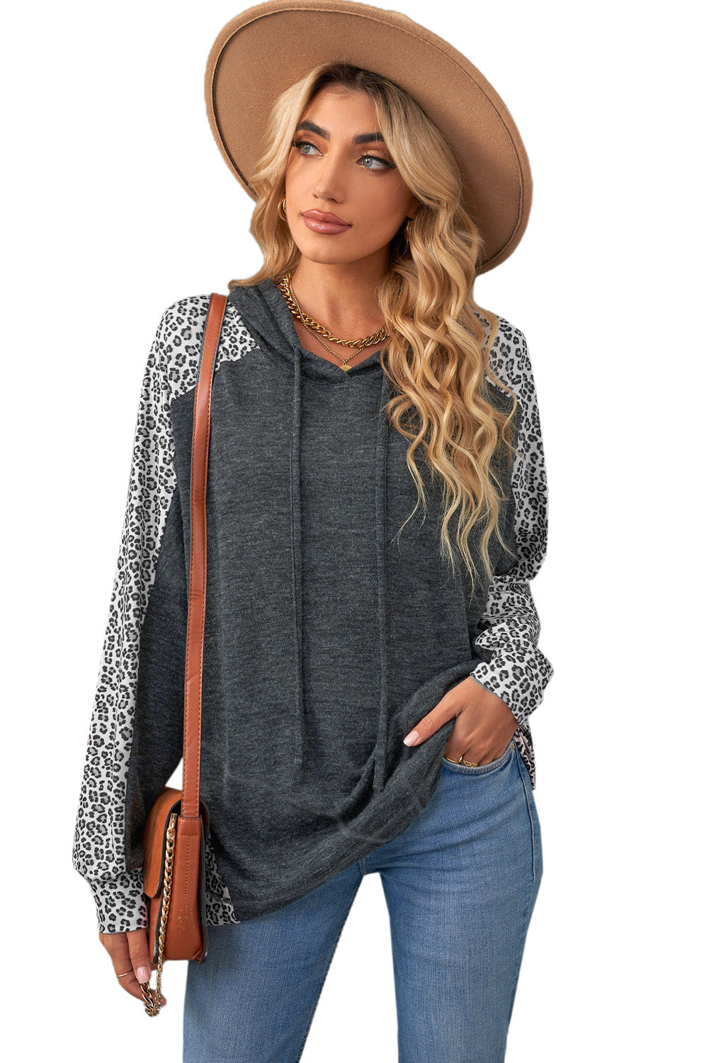 Gray Cheetah Print Drawstring Pullover Hoodie for Women