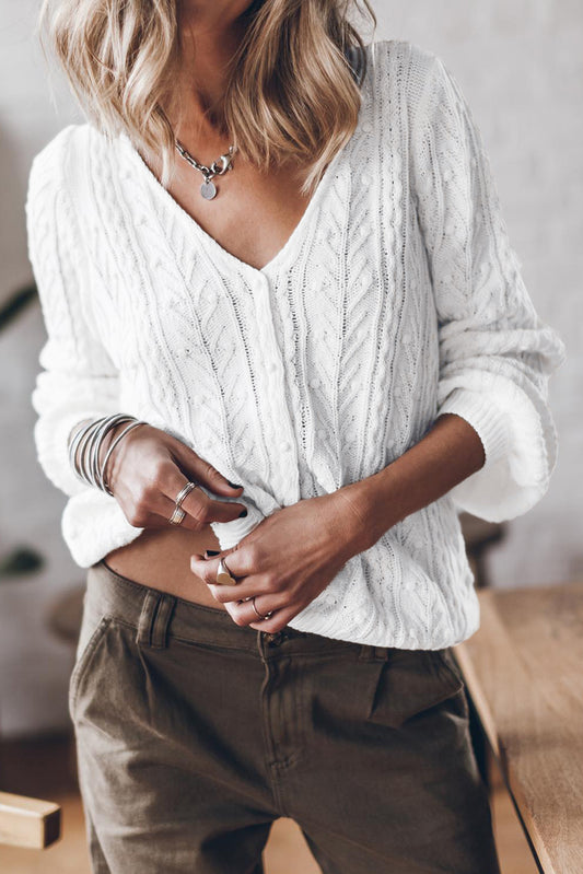 White Solid Cable Knit V Neck Puff Sleeve Cardigan