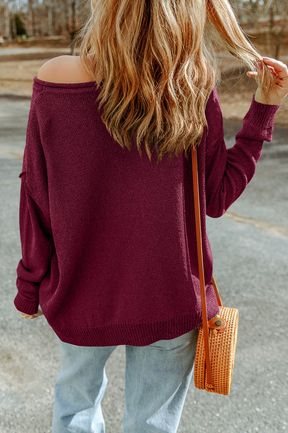 Red Solid Color Drop Shoulder Knitted Pullover Sweater