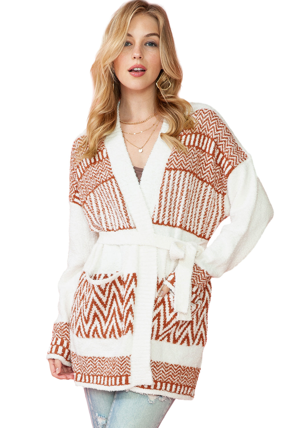 White Geometric Print V Neck Belted Cardigan