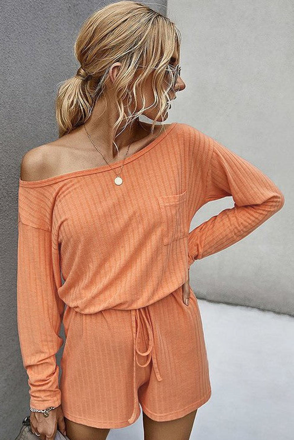 Orange Ribbed Drawstring Waist Long Sleeve Romper