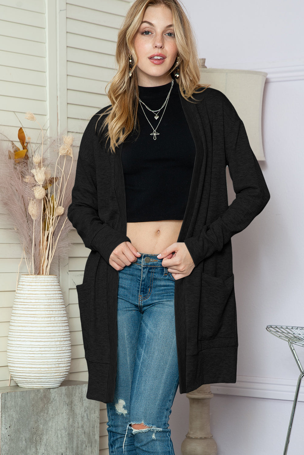 Black Ribbed Knit Pocketed Open Front Long Cardigan