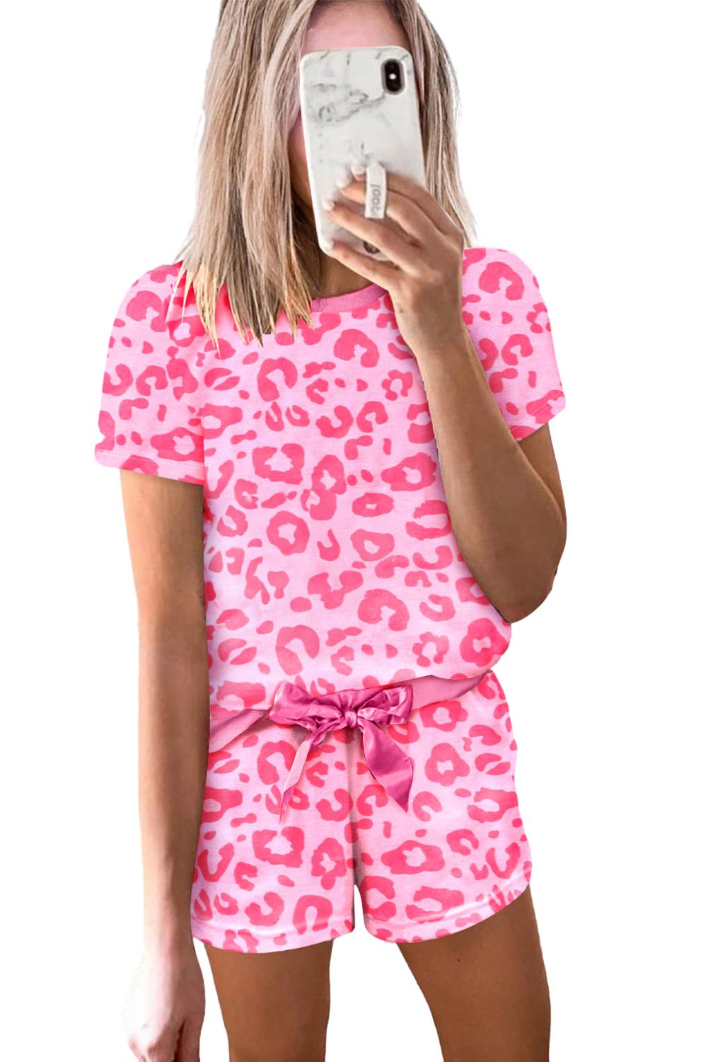 Pink Leopard Print Drawstring Shorts Loungewear Set