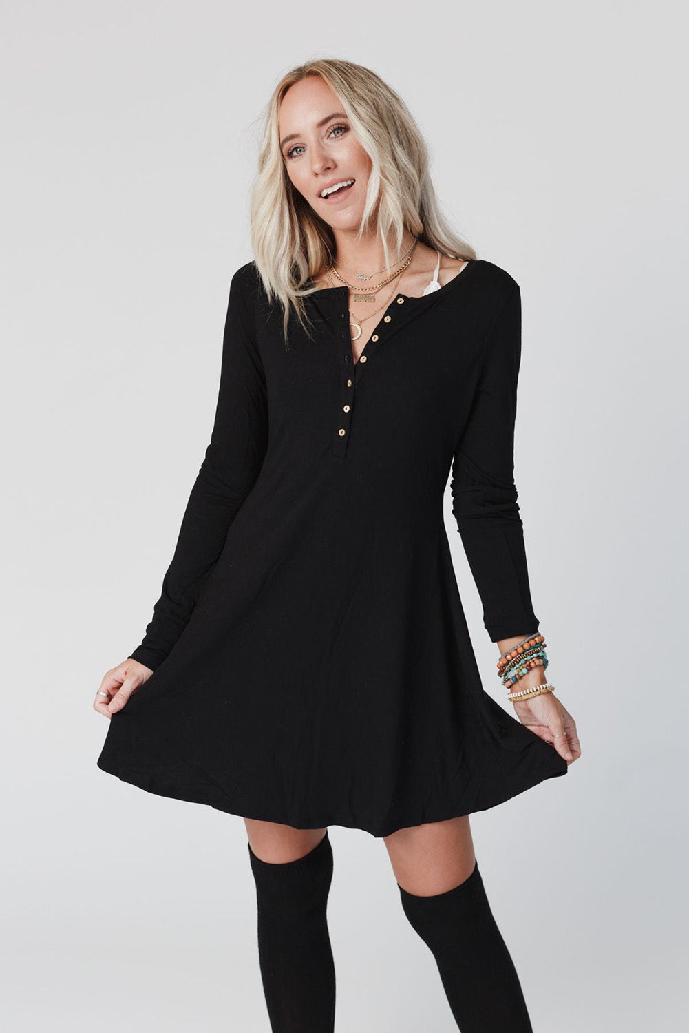 Black Solid Color Long Sleeve Henley Mini Dress