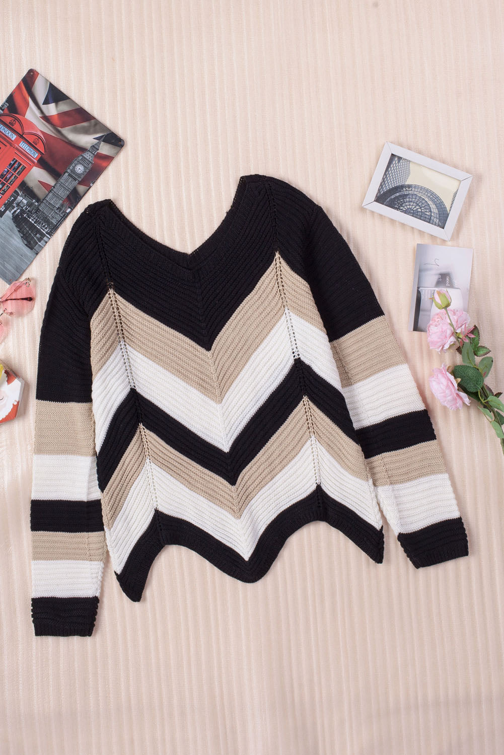 Black Chevron Colorblock Knit Sweater