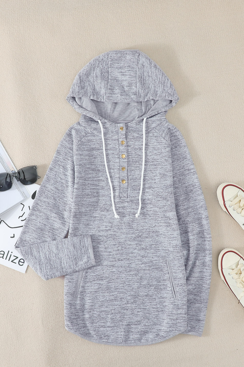 Heathered Print Button Snap Neck Pullover Hoodie