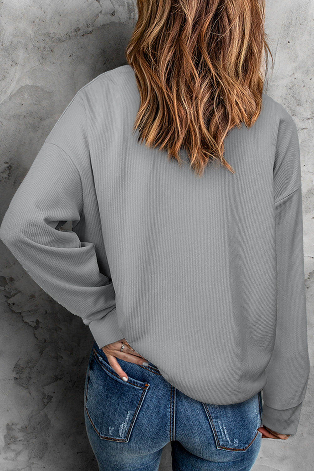 Gray Crew Neck Ribbed Oversized Sweatshirt