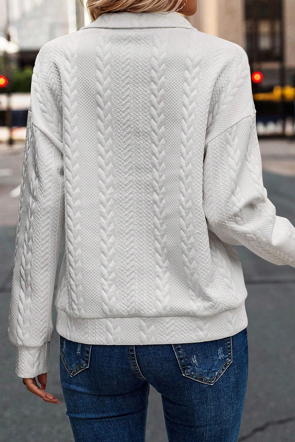 White Quilted 1/4 Zipper Textured Pullover Sweatshirt