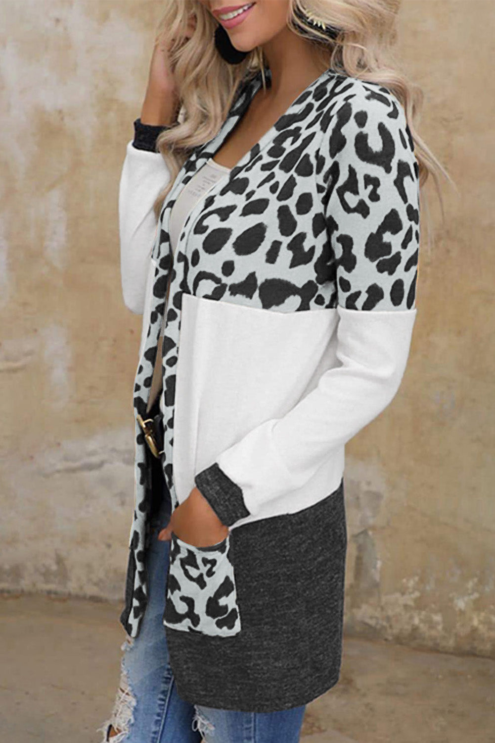 Leopard Block V Neck Cardigan With Pockets