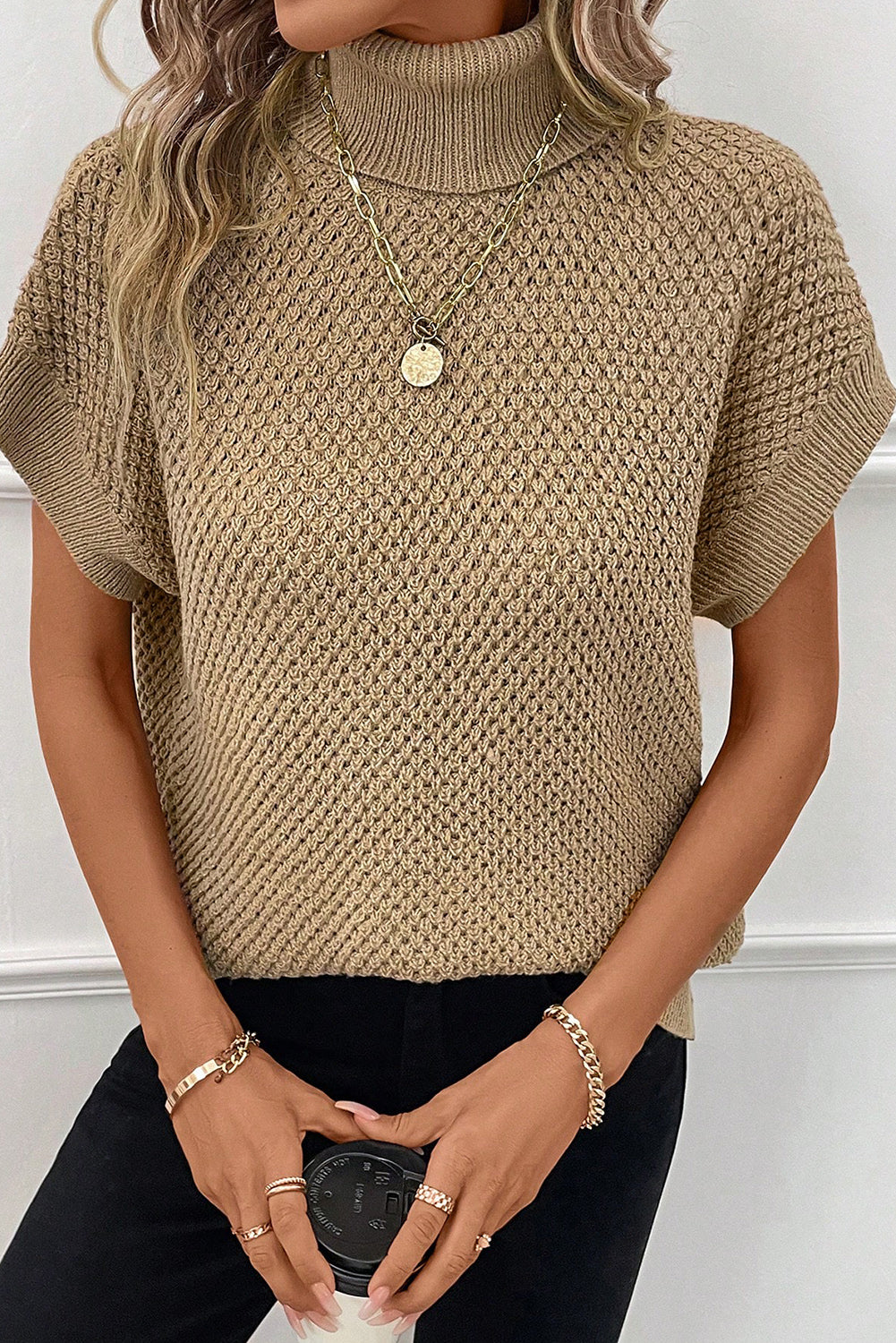 Khaki Ribbed Turtleneck Textured Short Sleeve Sweater