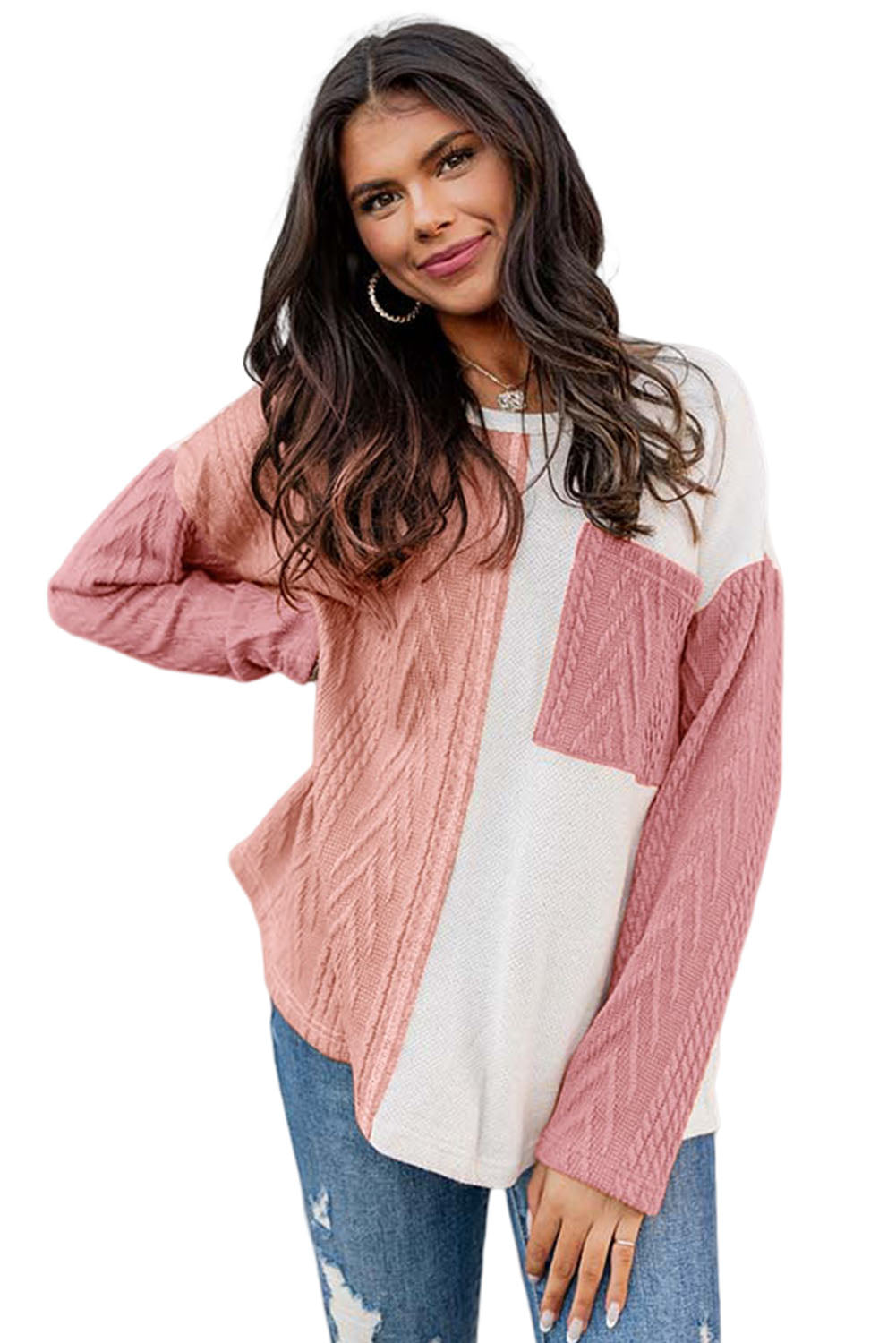 Peach Blossom Long Sleeve Patchwork Pocket Textured Knit Top