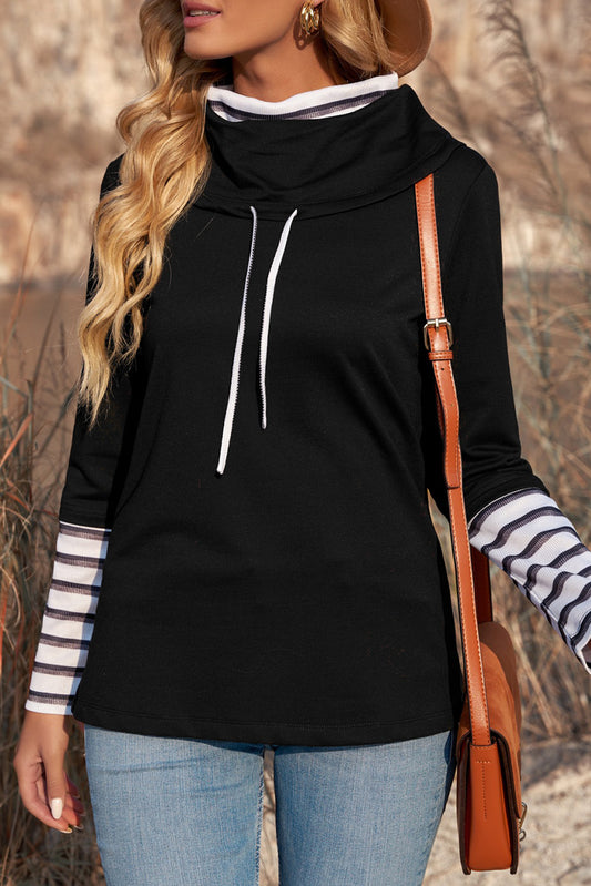 Black Stripes Detail Cowl Neck Drawstring Sweatshirt