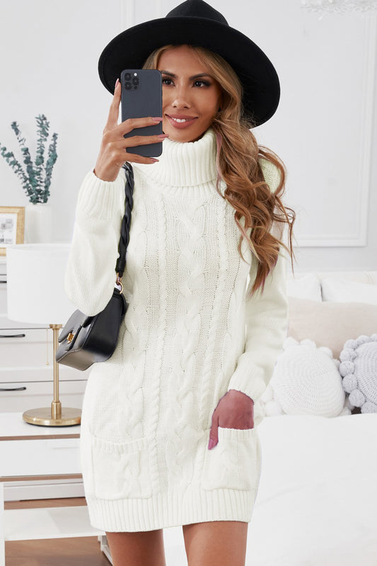 White Cowl Neck Pocket Twist Detail Cable Knit Sweater Dress