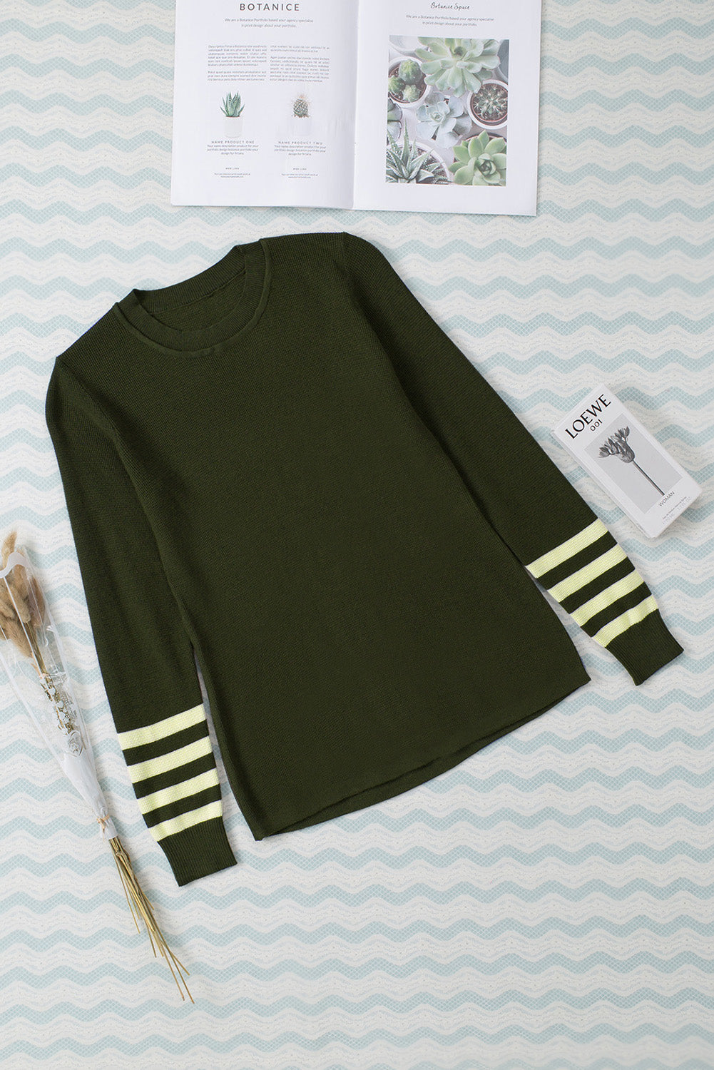 Red Casual Crew Neck Striped Sleeve Knit Sweater