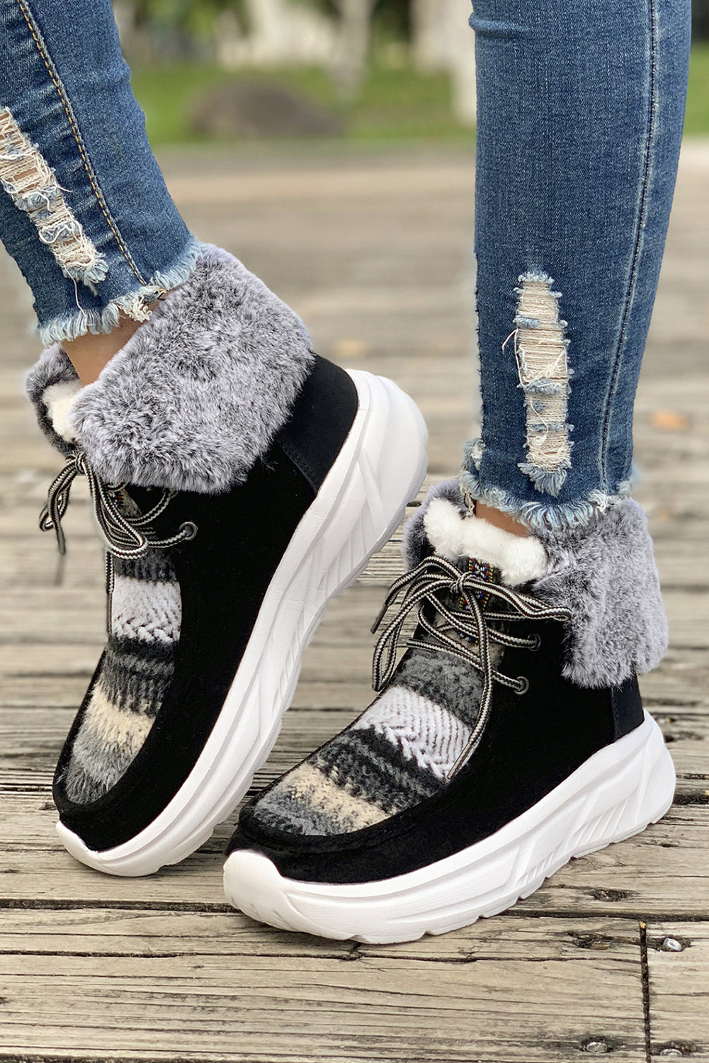 Black Striped Raw Hem Patchwork Lace Up Sneakers