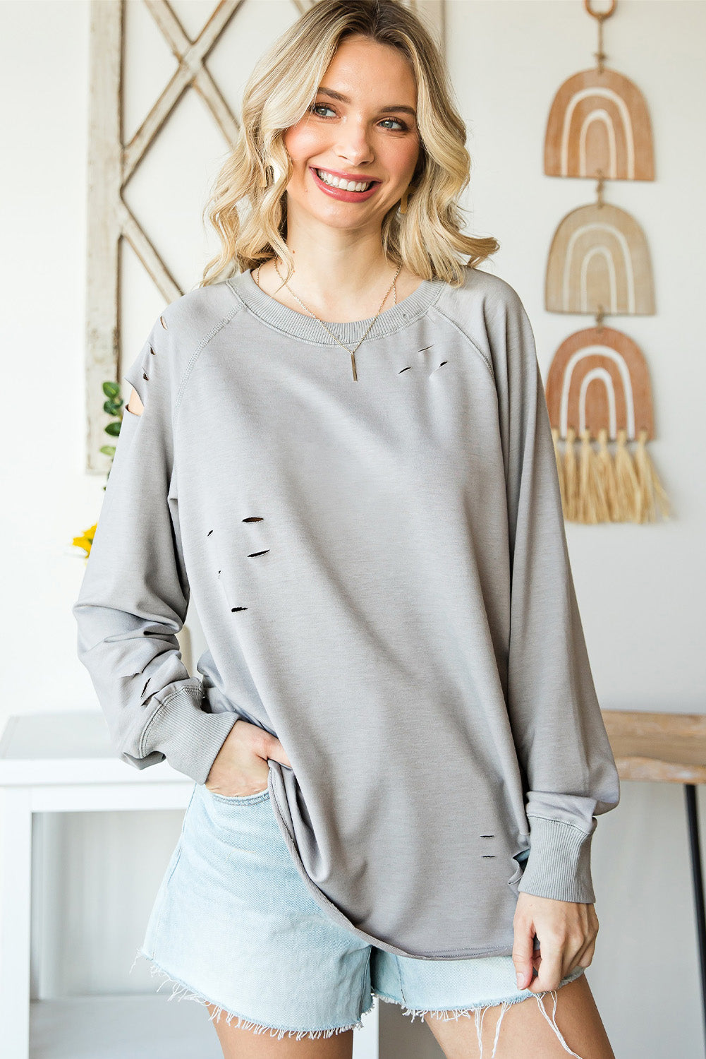 Grey Raglan Sleeve Distressed Sweatshirt