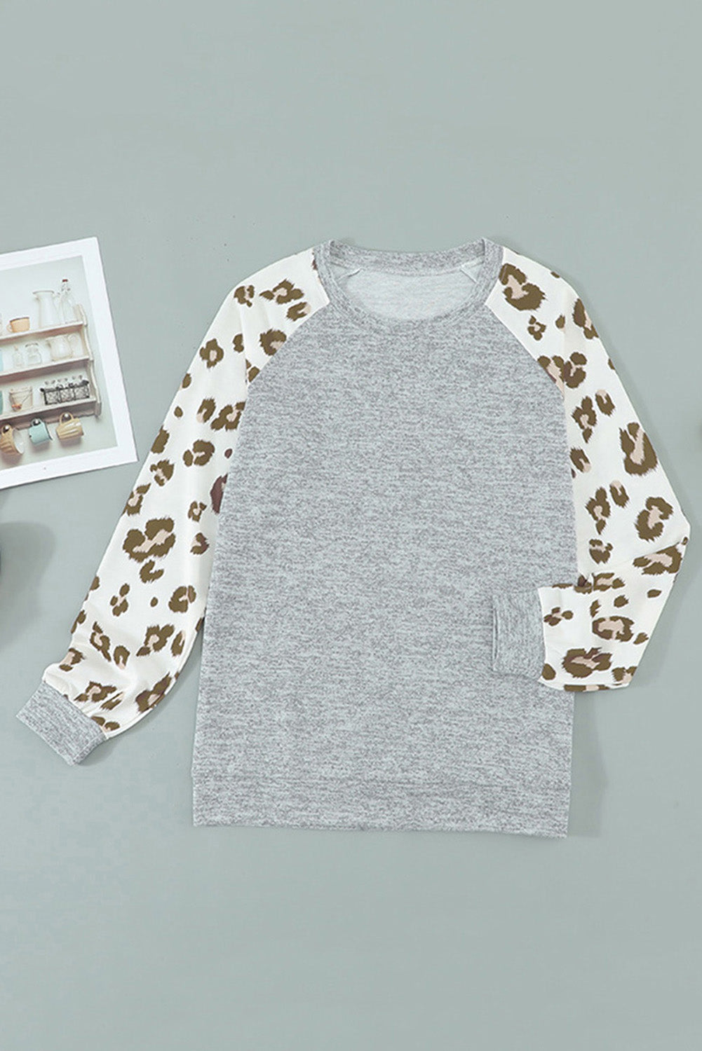 Grey Raglan Sleeve Cheetah Print Sleeve Long Sleeve Shirt