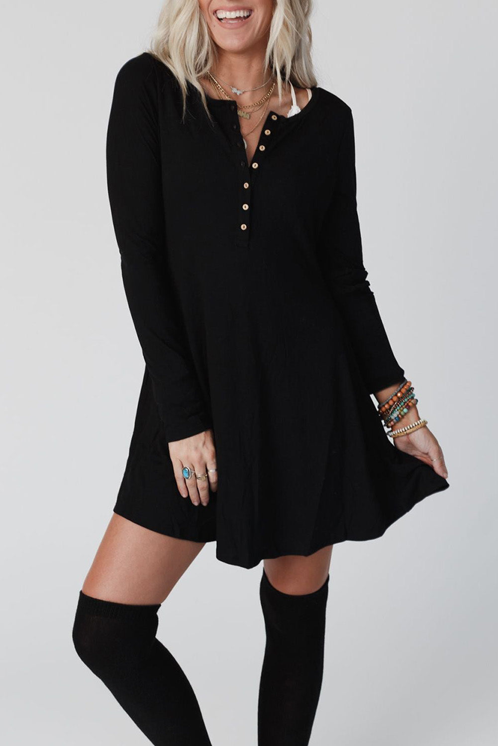 Black Solid Color Long Sleeve Henley Mini Dress